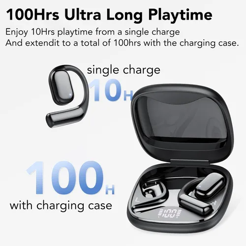 Vista 3 de Auriculares de oreja abierta, auriculares inalámbricos verdaderos, graves intensos, llamadas claras, tiempo de reproducción de 42 horas, auriculares