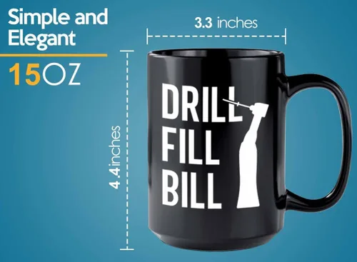 Vista 5 de Taza de café para dentistas de 15 onzas, color negro, factura de relleno de taladro, regalos de dentista para mujeres, dentista, oficina, asistente