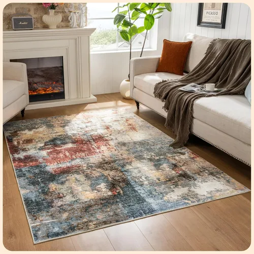 Vista 219 de Istana Alfombra larga antideslizante de 2.5 x 8 para el hogar, para pasillo y cocina, lavable, sedosa y suave al tacto, elegante, color azul y marfil