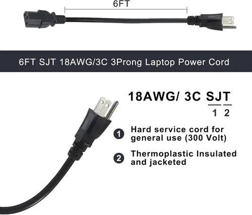 Vista 2 de Cable de alimentación para monitor de 3 pies – Cable de alimentación para computadora de PC, NEMA 5-15P a conector IEC C13 SVT 16AWG, cable