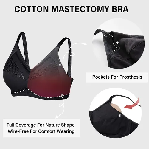 Vista 4 de DELIMIRA Bralette de algodón para mujer, con bolsillos para mastectomía, sin varillas, poscirugía, talla grande, para dormir
