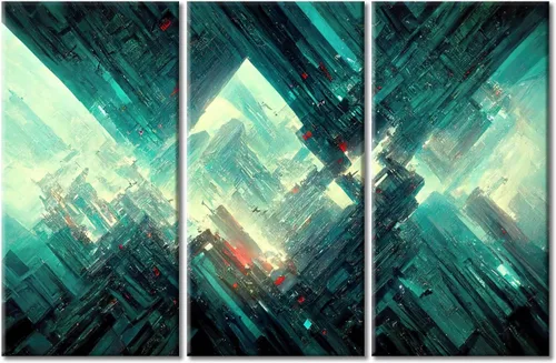Vista 66 de Arte de pared de 3 piezas de escena de ciencia ficción de la calle comercial futurista paisaje urbano, decoración de pared para dormitorio