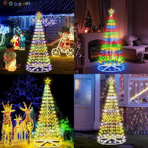 Vista 7 de Árbol de Navidad iluminado con conos, 250 luces LED de 1.8 m con 11 modos de iluminación, temporizador, control remoto, árbol artificial de Navidad
