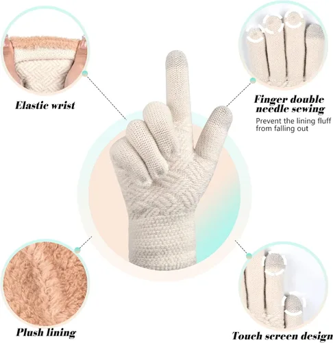 Vista 5 de Juego de 3 gorros de punto de invierno para mujer, bufanda y guantes para pantalla táctil con pompón