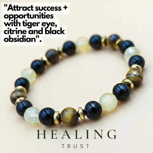 Vista 3 de Confianza curativa Pulsera de citrino, pulsera de ojo de tigre, pulsera de riqueza de obsidiana negra Feng Shui para mujeres y hombres, espaciadores