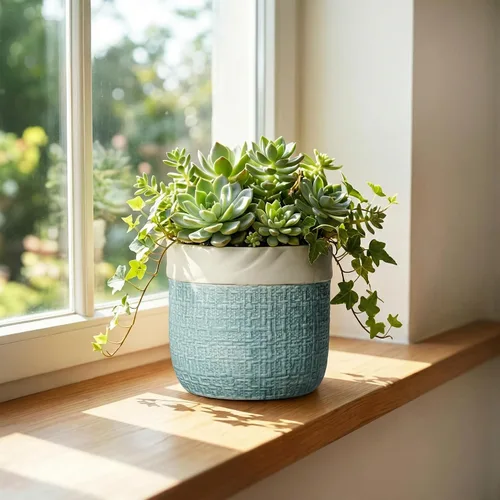 Vista 3 de Macetas de cerámica para plantas, maceta de 6 pulgadas para plantas suculentas de interior, macetas redondas con orificio de drenaje, macetas Azul