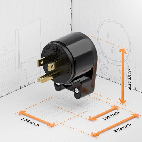 Vista 4 de ETL Verified Nema 5-15P Enchufe de ángulo recto de 90 grados - 15A, 125V, negro, enchufe de CA de ángulo recto de 3 clavijas de EE. UU