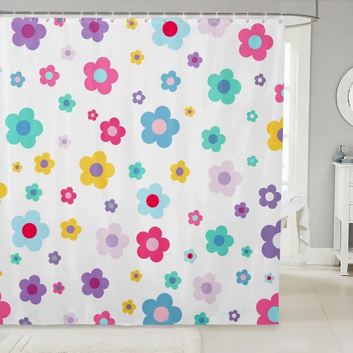 Vista 8 de Cortina de baño de flores de margarita para niños y niñas, cortina de ducha floral para decoración de baño, 72 x 72 pulgadas, retro, floral