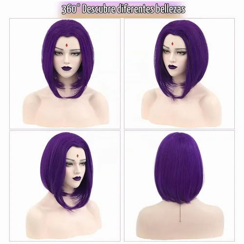 Vista 8 de Peluca Corta Púrpura Cosplay Peluca Corta Bob Púrpura Peluca de Halloween para Disfraces de Mujeres Púrpura/Bob
