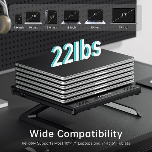 Vista 3 de OImaster Soporte ergonómico ajustable y plegable para computadora portátil con ventilación térmica, soporte elevador para laptop compatible