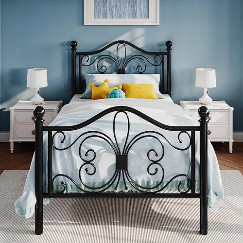 Vista 13 de SHA CERLIN Estructura de cama de tamaño individual para niños, estructura de cama de metal con cabecero y pie de cama con diseño de patrón de Negro