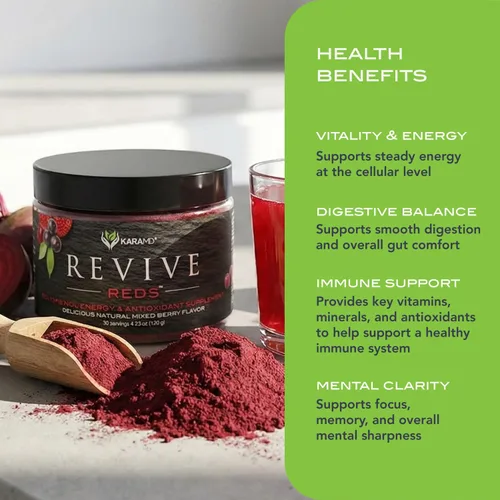 Vista 4 de KaraMD Revive Reds - Delicioso suplemento potenciador de energía de polifenoles, apto para veganos, sin gluten y sin OMG, superalimento en polvo