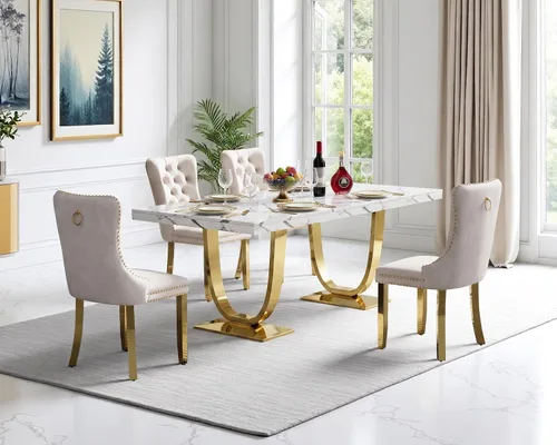 Vista 24 de Henf Mesa de comedor rectangular de mármol sintético blanco de 70 pulgadas Blanco & Oro