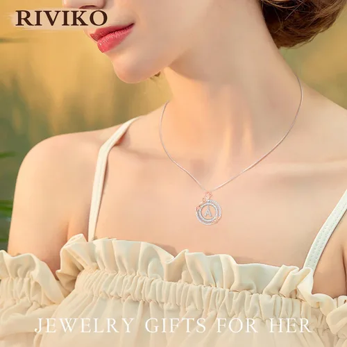 Vista 4 de RIVIKO Regalos de San Valentín para ella, collares de plata esterlina 925 con inicial de círculo de rosas, collares con dije de letra inicial