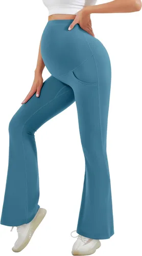 Vista 7 de HEGALY Leggings acampanados de maternidad para mujer sobre el vientre, pantalones casuales de yoga para embarazo, con bolsillos, suaves como