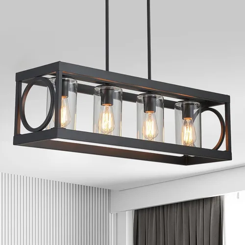 Vista 14 de XINGQI Lámpara de araña rectangular moderna, iluminación de isla de cocina de granja, accesorio de luz colgante industrial rústico de 4 luces