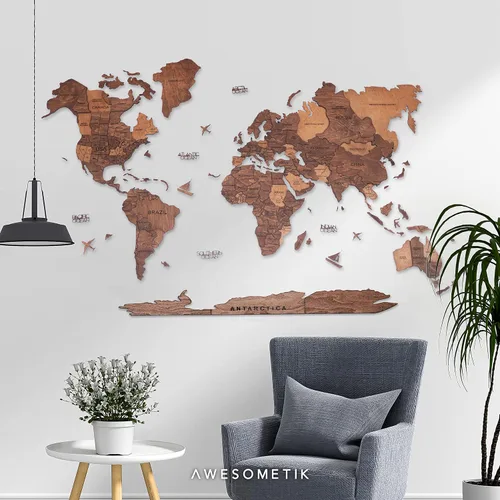 Vista 5 de AWESOMETIK Mapa del mundo de madera 3D de roble, mapa del mundo 3D, fácil instalación con cinta de doble cara, incluye complementos, madera