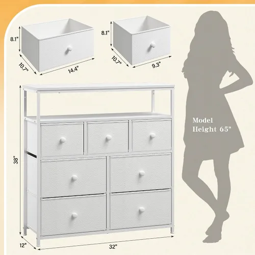Vista 9 de Cómoda para dormitorio con 7 cajones y 2 estantes abiertos, soporte de TV para dormitorio, cómoda blanca para pasillo, entrada, dormitorio
