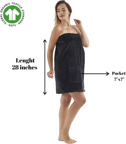 Vista 2 de C&B - Toalla envolvente para mujer, 100% algodón turco orgánico, ajustable, para spa, gimnasio, piscina con bolsillo (negro)