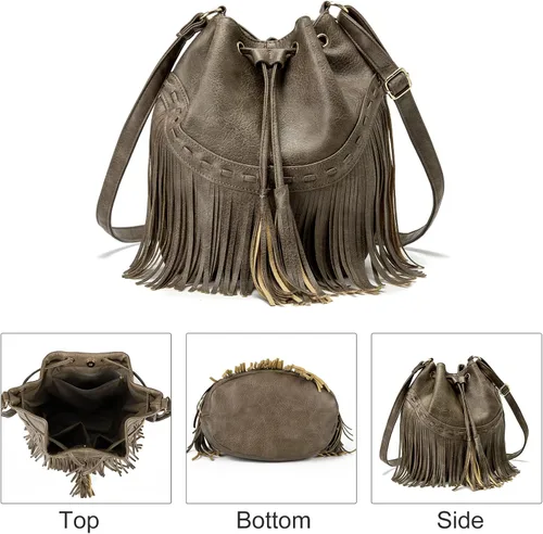 Vista 6 de Bolsos de cuero para mujer, bolsos cruzados con flecos con cordón para mujer, borla y bolsos de hombro