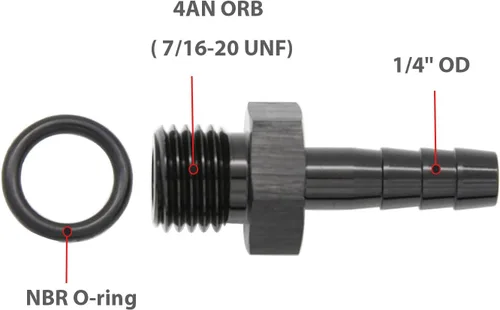 Vista 2 de Aluminio -4 AN ORB macho a 1/4 "(6.35mm) Barb Push On Manguera Adaptador Negro