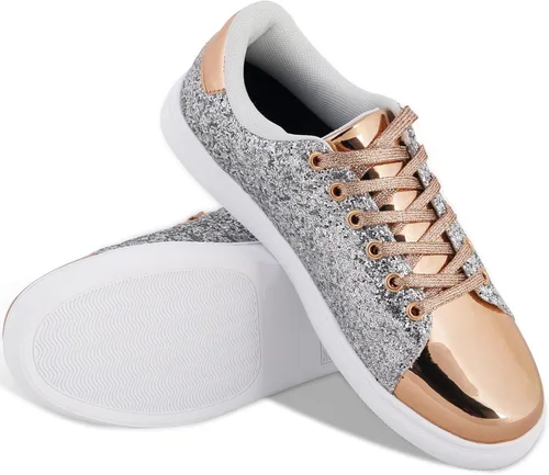Vista 2 de BosenHulu Zapatos brillantes con lentejuelas brillantes para mujer, zapatos de tenis brillantes con diamantes de imitación con cordones