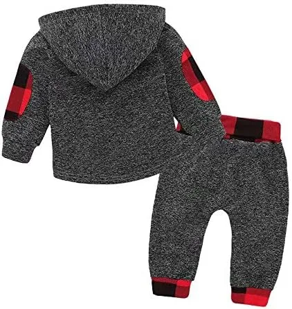 Vista 3 de Conjunto de 2 piezas de ropa para bebé y niña, de manga larga, con bolsillo a cuadros, con capucha y pantalones