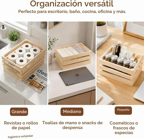Vista 3 de Youeon Juego de 3 cajas de madera rústica con asas, cajas de madera decorativas, caja de almacenamiento de madera para cocina, oficina, dormitorio