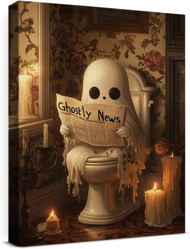 Vista 37 de QPVXSST Arte de Pared Interesante de Fantasma de Halloween para Baño, Póster Impreso en Lienzo de Estilo Gótico, Decoración de Baño con Diseño