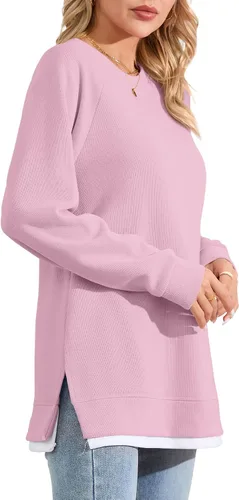 Vista 4 de YSYOKOW Women Crewneck Sweatshirt Long Sleeve Pullover Trendy Side Slit Tunic Casual Color Block Tops