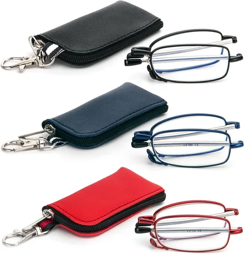 Vista 7 de Paquete de 3 lentes de lectura plegables con llavero, bolsas compactas, para mujeres y hombres, bloqueo de luz azul, bisagra de resorte, lectores