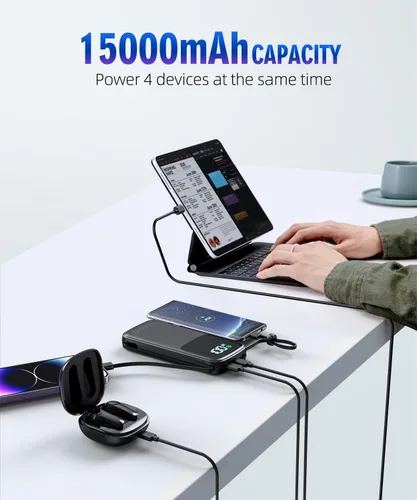 Vista 8 de LOVELEDI Cargador portátil - Banco de energía - 15000mAh Banco de energía con soporte para carga rápida PD 30W Cargador de pared AC incorporado y 2