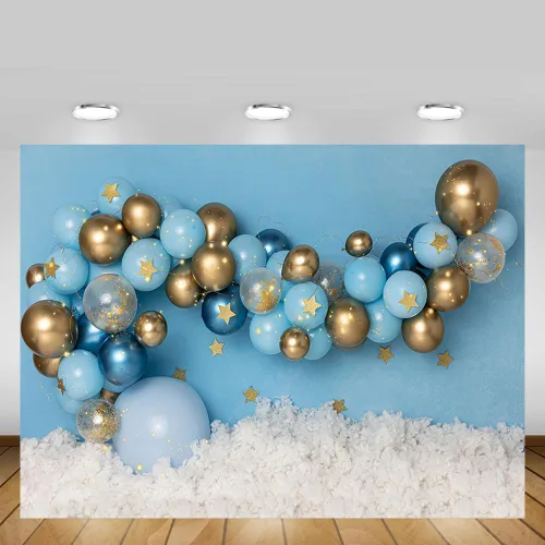Vista 4 de MEHOFOND Fondo de fotografía de cumpleaños de niño de 7 x 5 pies para decoración de retratos, globos azules y dorados, globos azules y dorados