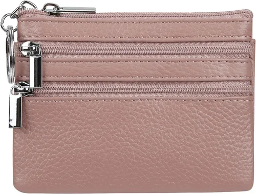 Vista 17 de Porta Monedas de Cuero Genuino para Mujer de Cynure, Mini Monedero con Llavero Beige