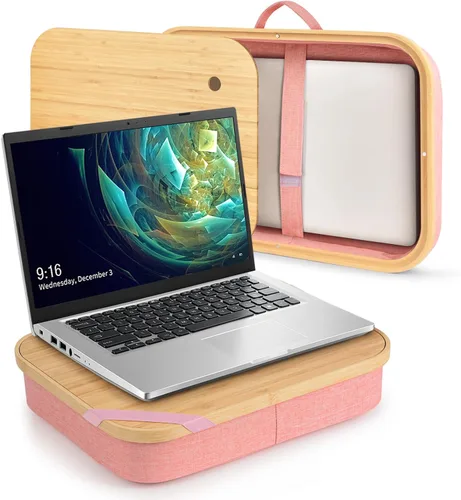 Vista 10 de MAYJOY Escritorio de bambú portátil con almacenamiento, escritorio de regazo con funda extraíble para regazo, soporte de laptop para regazo