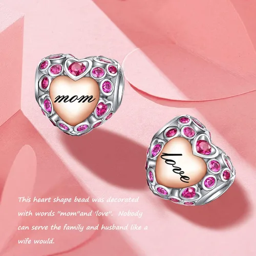 Vista 2 de Abalorios de plata de ley 925 con forma de corazón y flor de rosa 3D para pulseras, collares, bodas, día de San Valentín, día de la madre, regalo