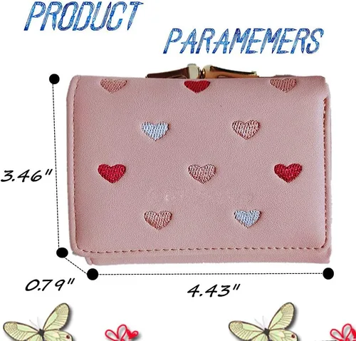 Vista 2 de Cartera de impresión corta de dibujos animados bordada de corazón para mujer, multitarjeta, monedero triple, Gris, Casual