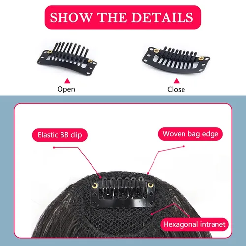 Vista 8 de 2 piezas de flequillo con clip de cabello humano real, flequillo falso con clip para el cabello para mujeres, flequillo tenue curvado con postizos