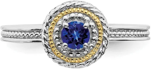 Vista 4 de Anillo de plata de ley 925 maciza y oro amarillo de 14 quilates, apilable, azul zafiro creado, anillo de eternidad