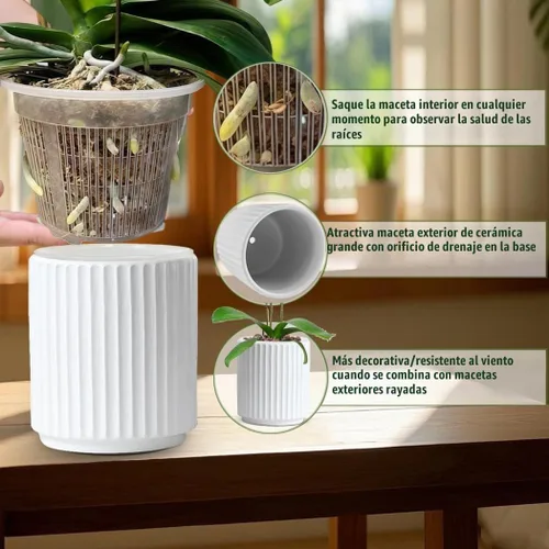 Vista 5 de MUZHI Macetero de cerámica blanca de doble capa con platillo, macetas de orquídeas con agujeros de 4.6 pulgadas, juego de 2, moderna maceta Blanco