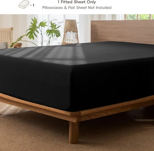 Vista 2 de MooMee Sábana bajera ajustable únicamente, 100% algodón lavado con textura tipo lino, transpirable, duradera, suave, cómoda, bolsillo profundo, se