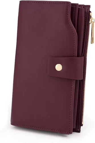 Vista 22 de UTO Cartera de cuero vegano para mujer, cartera larga con broche de presión, tarjetero de crédito, elegante embrague 0153 Gris