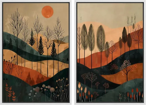 Vista 24 de SIGNFORD Lienzo enmarcado para pared, juego de arte geométrico retro de mediados de siglo, plantas forestales, ilustraciones con formas abstractas