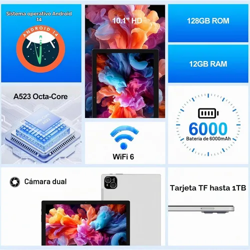 Vista 2 de Tableta, tableta Android 14 de 10 pulgadas, procesador Octa-Core, 12 GB de RAM + 128 GB de ROM, pantalla táctil IPS HD 1280x800, batería de 6000