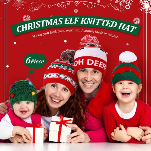 Vista 4 de Juego de 6 gorros de punto de Navidad de Papá Noel rojo y verde para fiestas, adultos, adolescentes, niños, gorro de Navidad, 12 x 8 pulgadas