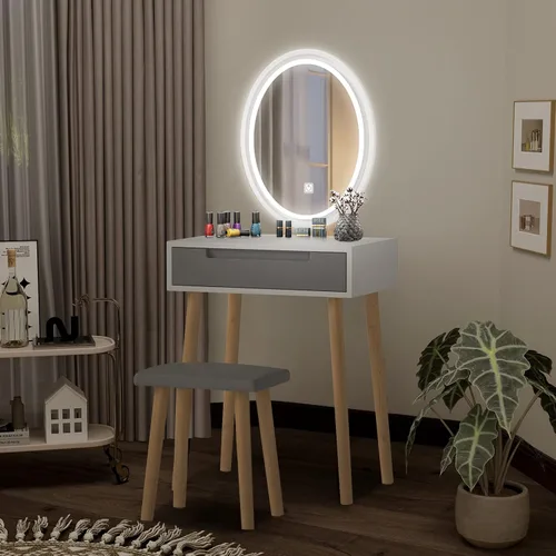 Vista 2 de YOURLITE Pequeño escritorio de tocador con espejo y luces, escritorio de maquillaje con silla y cajones para espacio pequeño, tocador gris