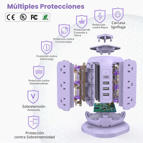 Vista 6 de Regleta de alimentación USB C en forma de torre, protector de sobretensiones con 12 tomas de CA y 4 puertos USB, AiJoy cable de extensión de 10