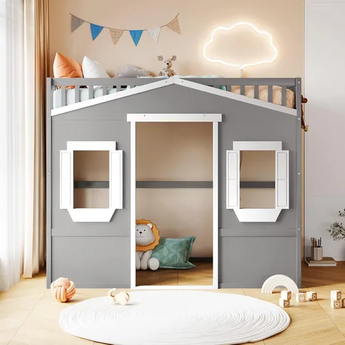 Vista 3 de Cama tipo loft de tamaño individual, cama individual de madera con escalera, gris+blanco