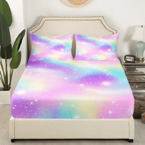 Vista 5 de Juego de sábana bajera ajustable de teñido anudado para niñas, juego de ropa de cama con diseño de arco iris degradado de arcoíris, lindo juego