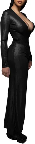 Vista 4 de LightlyKiss Enterizo sexy de terciopelo de manga larga con cuello en V profundo para mujer